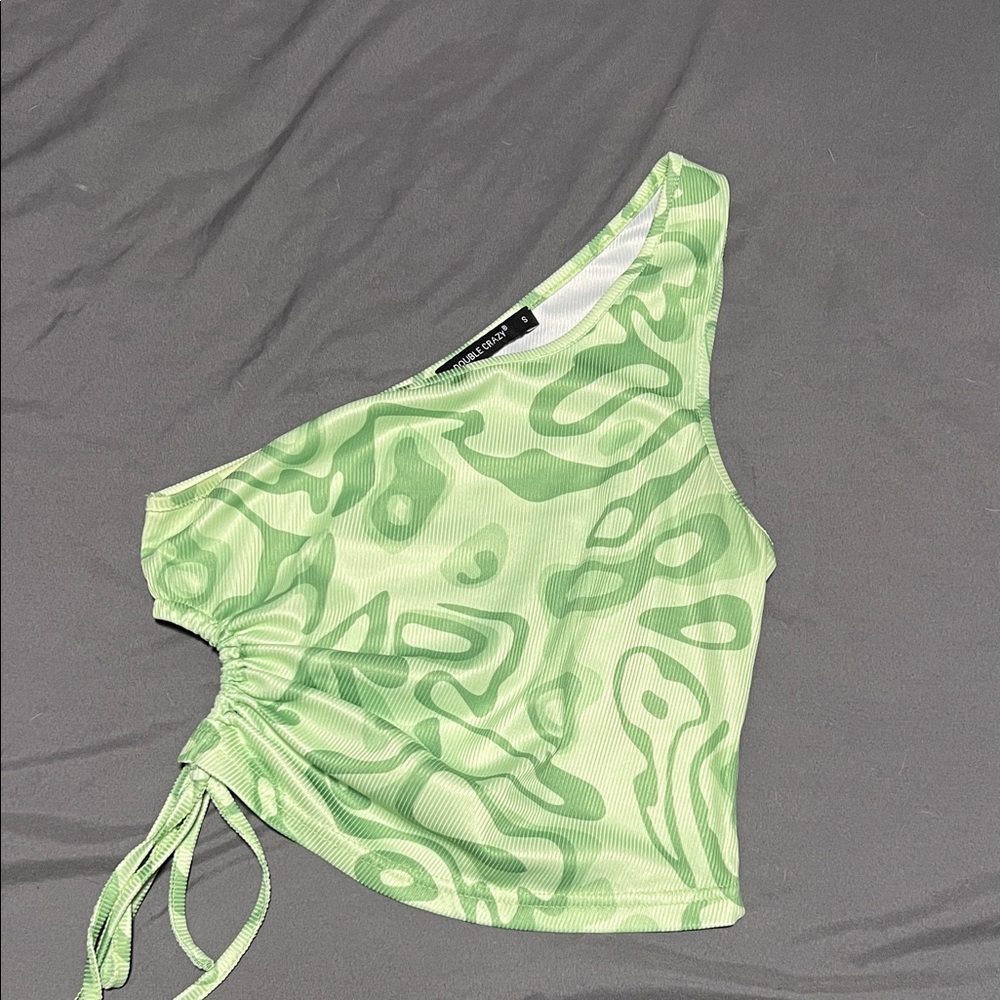 Stylish Green Patterned One-Shoulder Crop Top